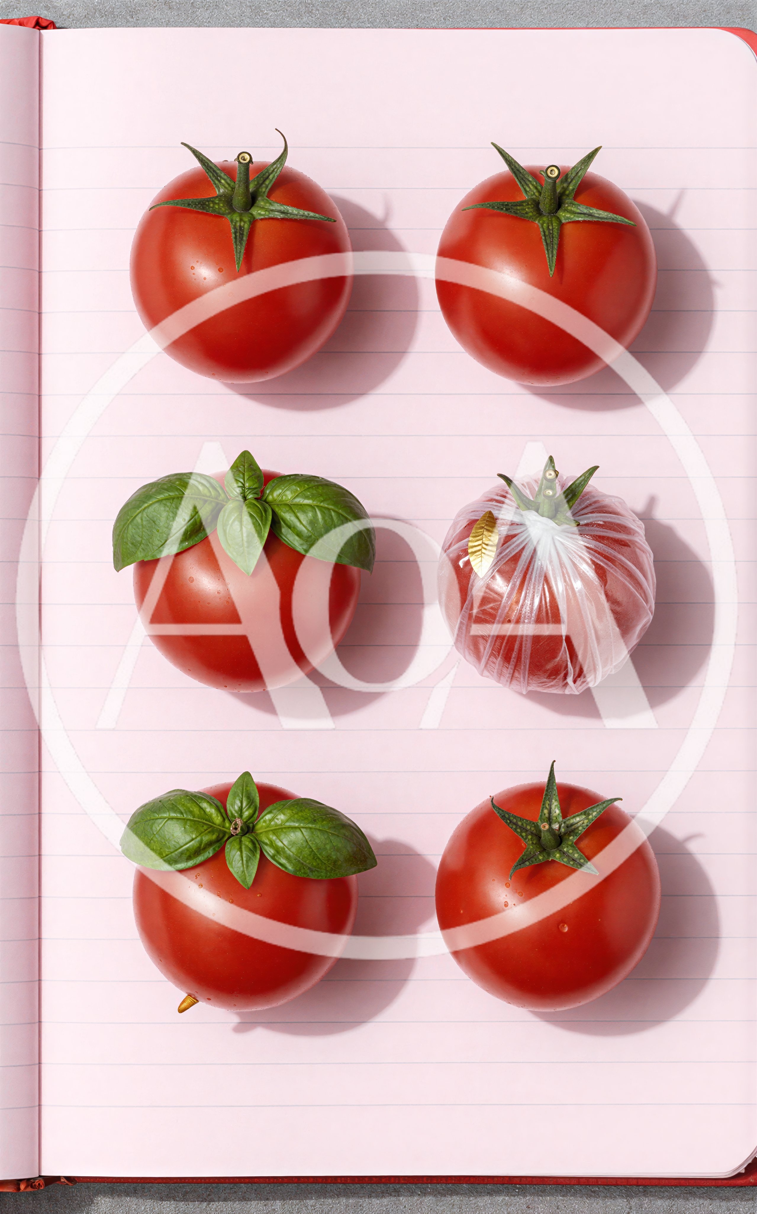 Six Fresh Tomatoes Arranged On Lined Pink Paper