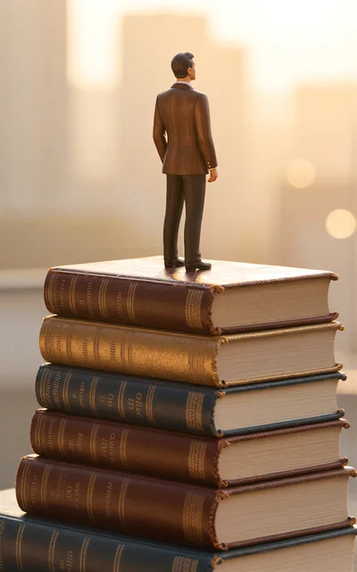 Miniature Businessman Standing Atop A Stack Of Books