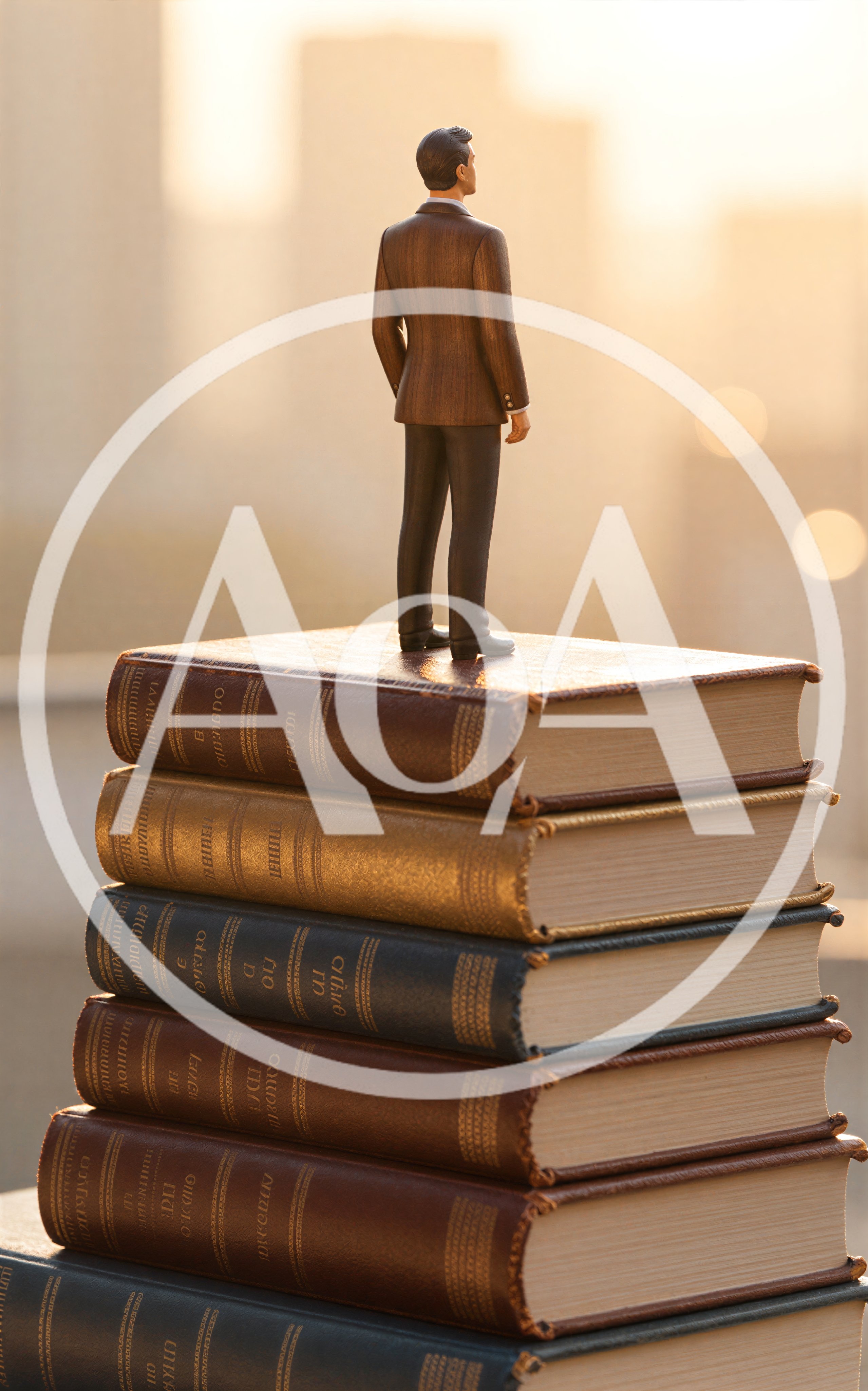 Miniature Businessman Standing Atop A Stack Of Books