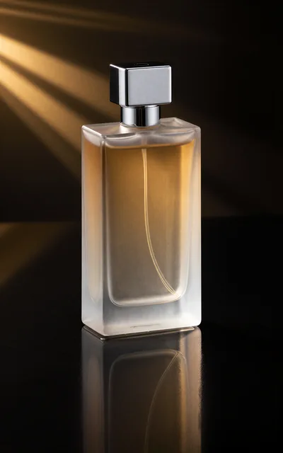 Frosted Glass Perfume Bottle on Reflective Surface