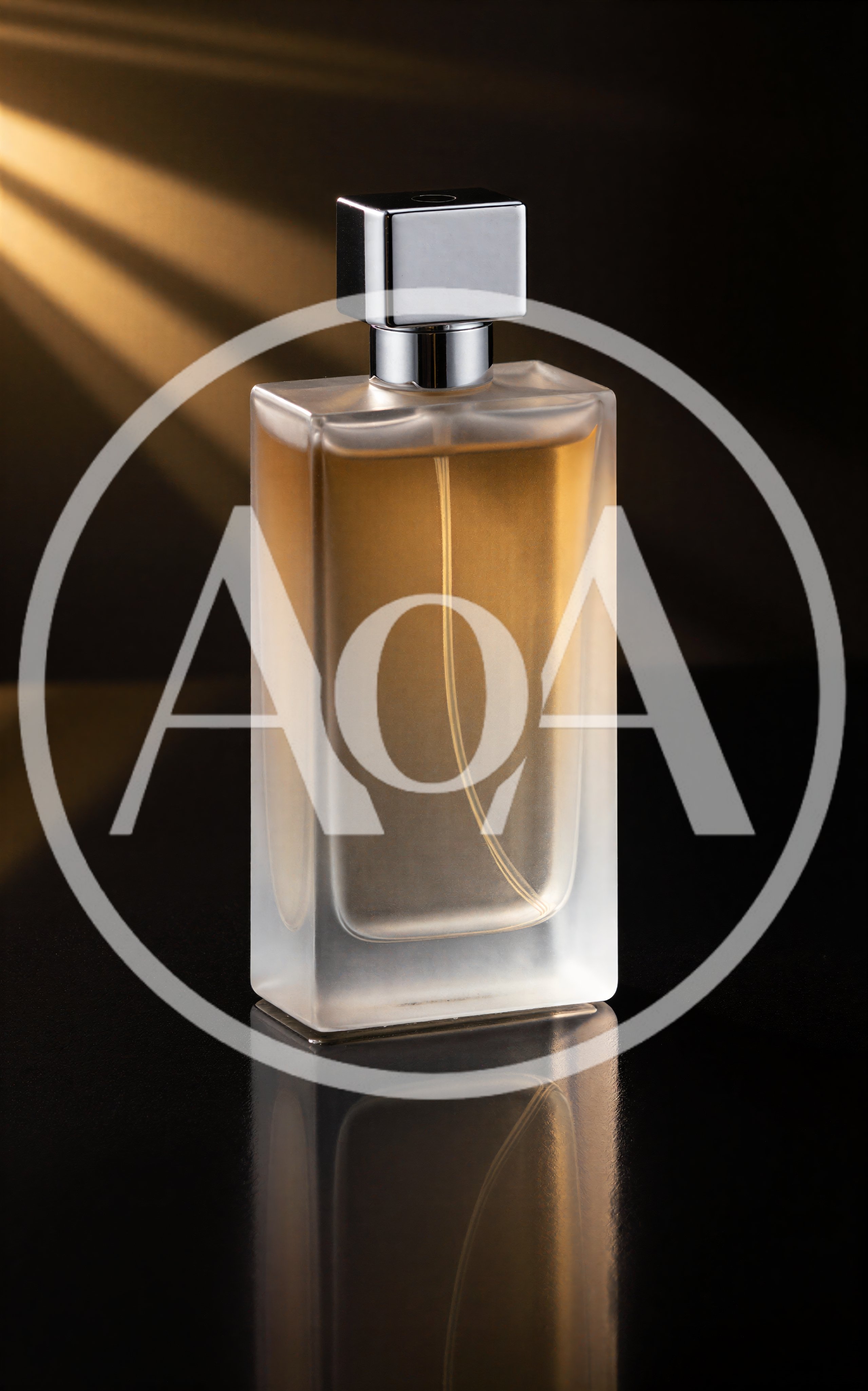 Frosted Glass Perfume Bottle on Reflective Surface