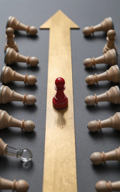 Red Chess Pawn Leading White Pawns On Golden Arrow