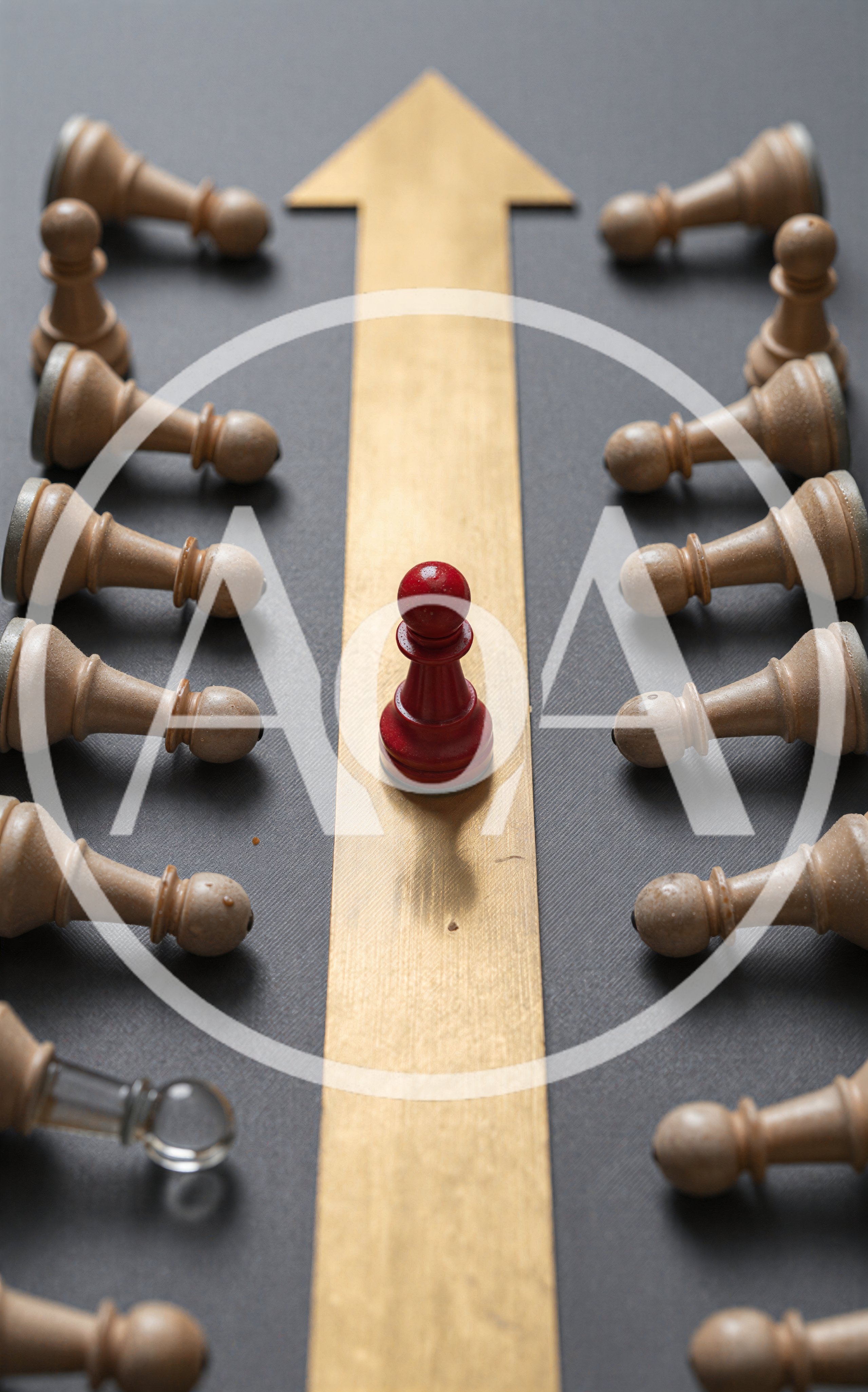 Red Chess Pawn Leading White Pawns On Golden Arrow