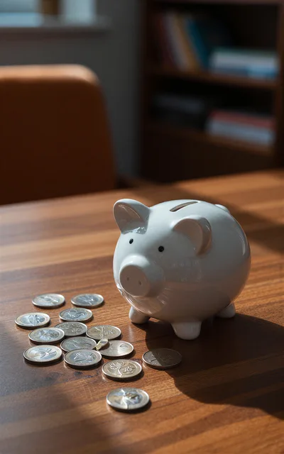 White Piggy Bank With Scattered Coins On Wooden Table