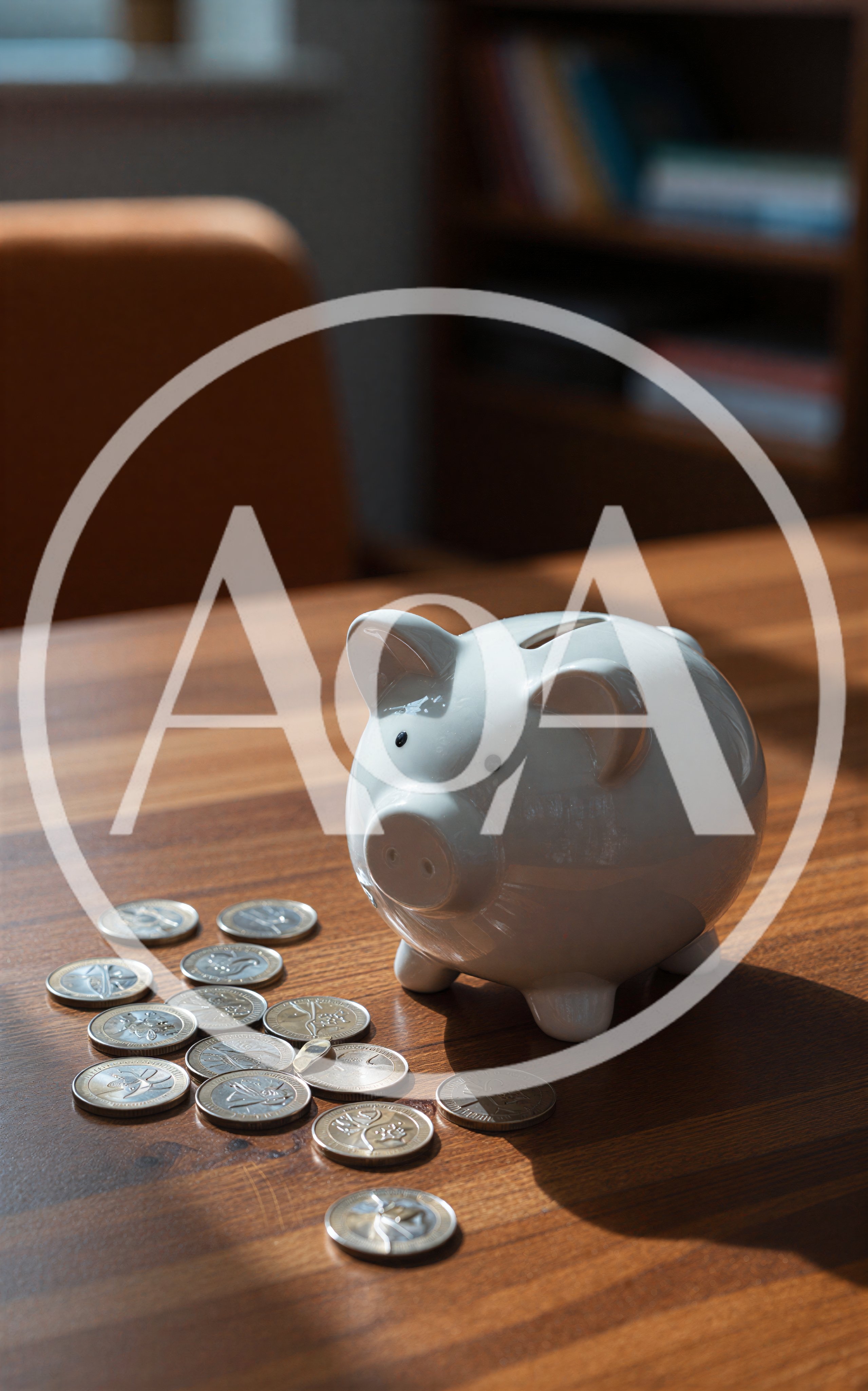 White Piggy Bank With Scattered Coins On Wooden Table