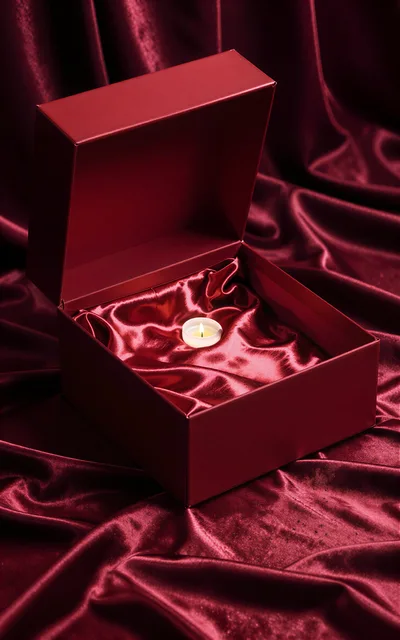 Small Lit Candle Inside An Open Red Gift Box