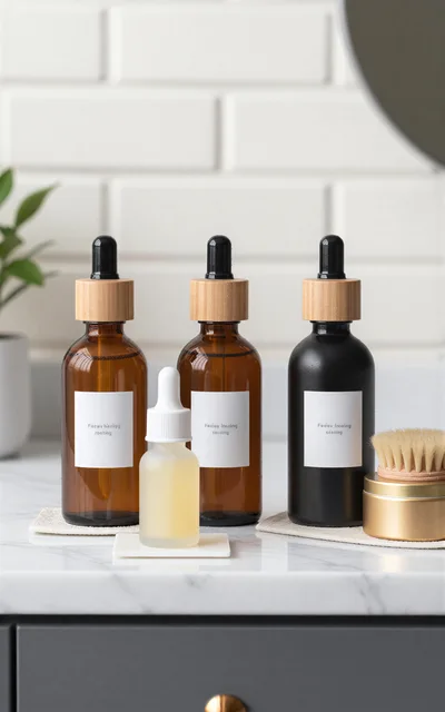 Skincare Bottles and Droppers on Marble Countertop