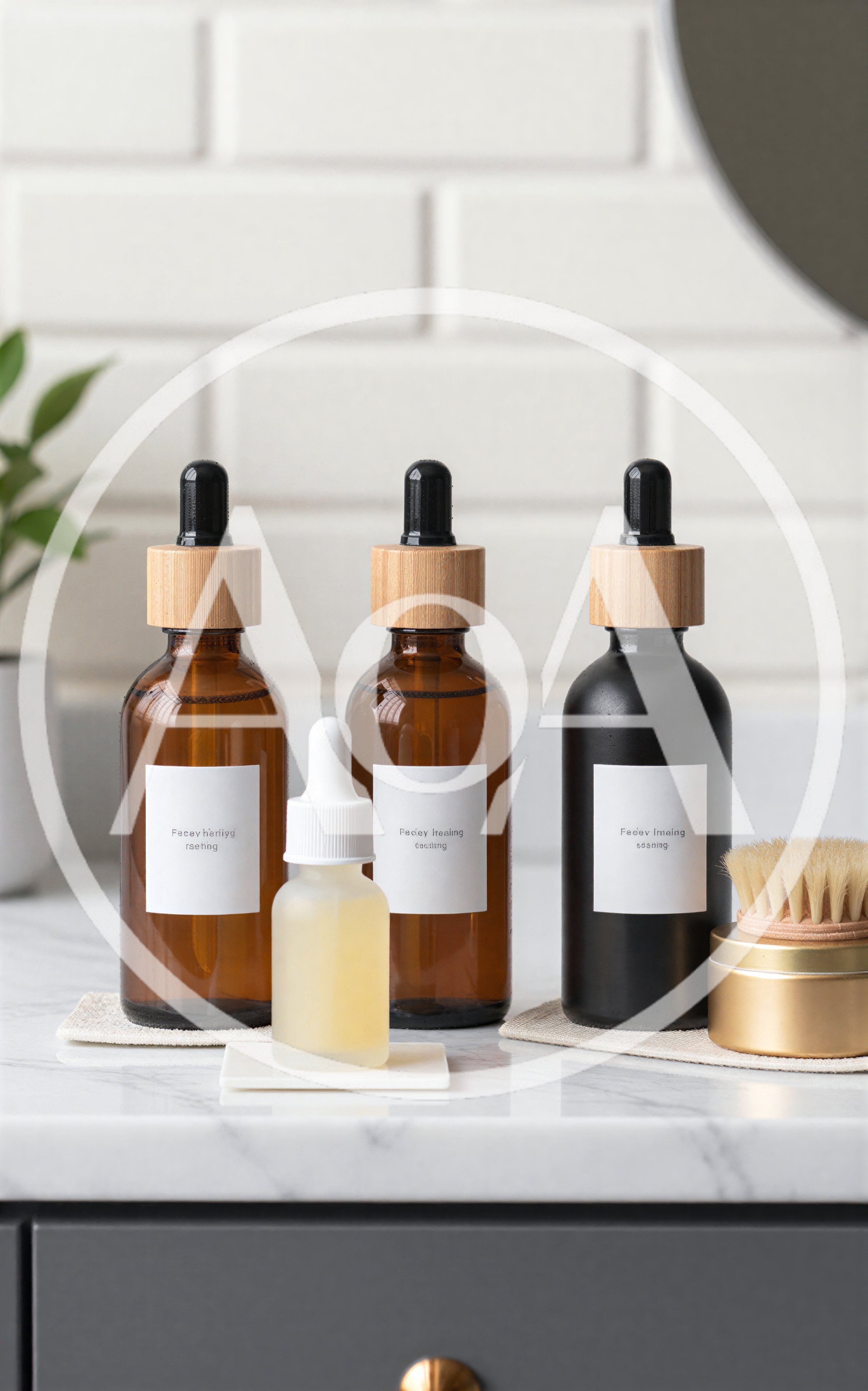 Skincare Bottles and Droppers on Marble Countertop