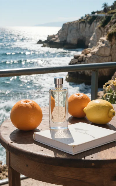 Perfume Bottle With Citrus Fruits On A Seaside Table