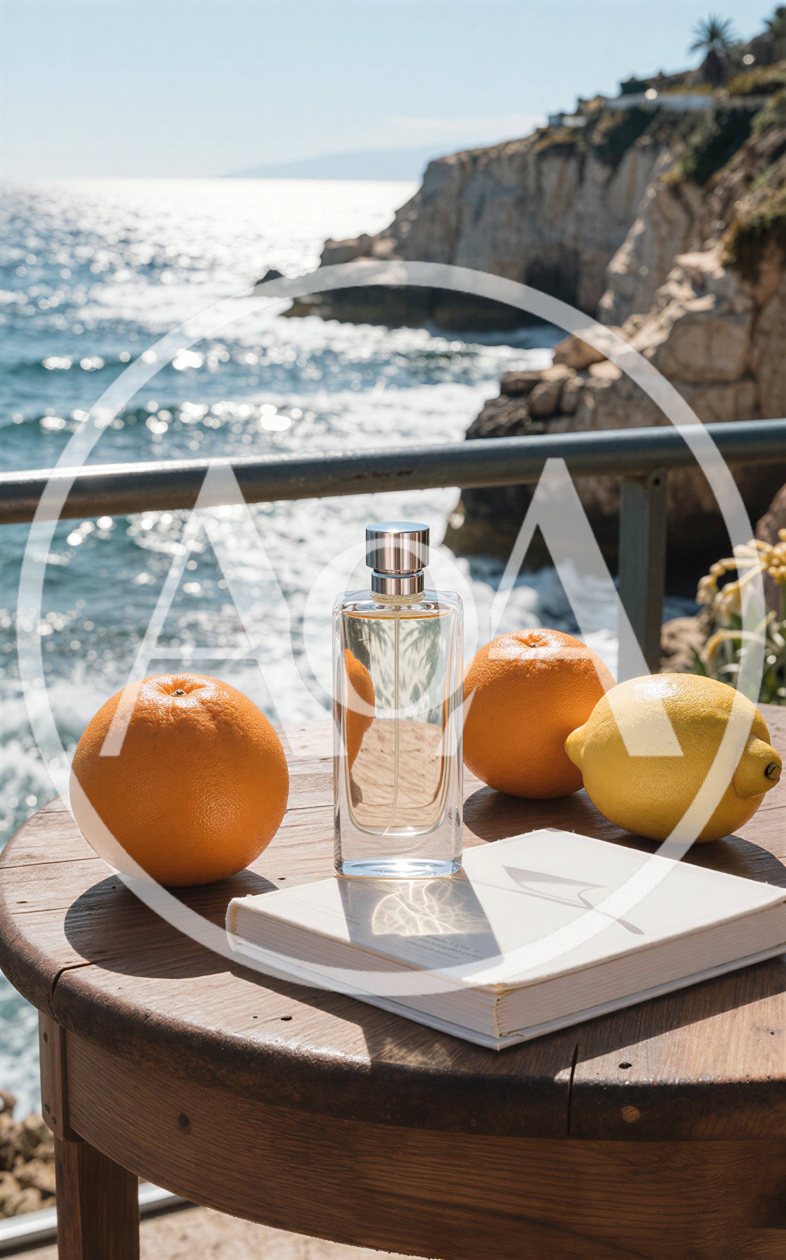 Perfume Bottle With Citrus Fruits On A Seaside Table