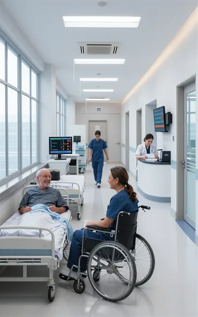 Medical Staff Interacting With Patient In Hospital Corridor