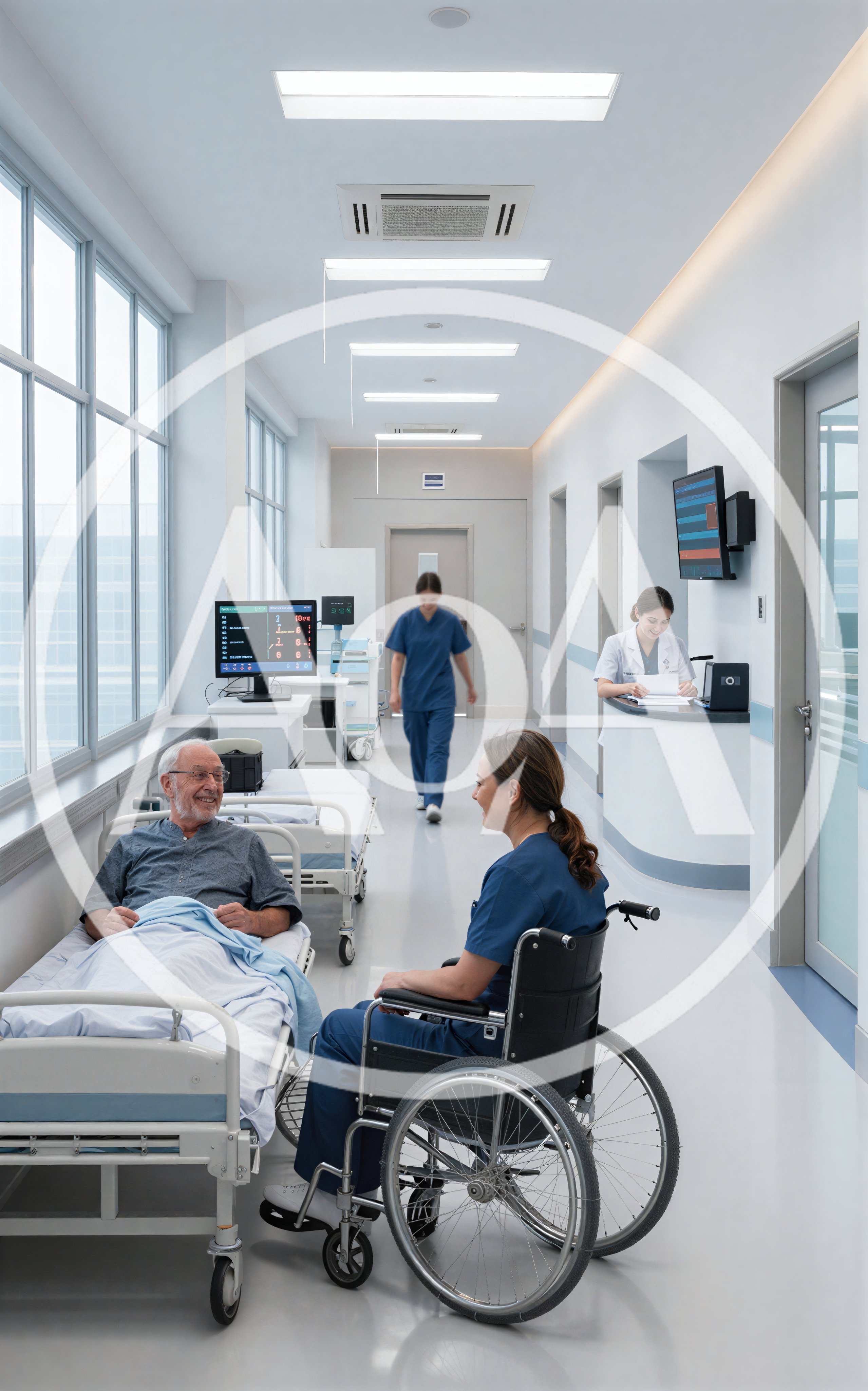 Medical Staff Interacting With Patient In Hospital Corridor