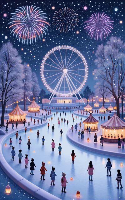 Winter Carnival Ice Skating Under Fireworks