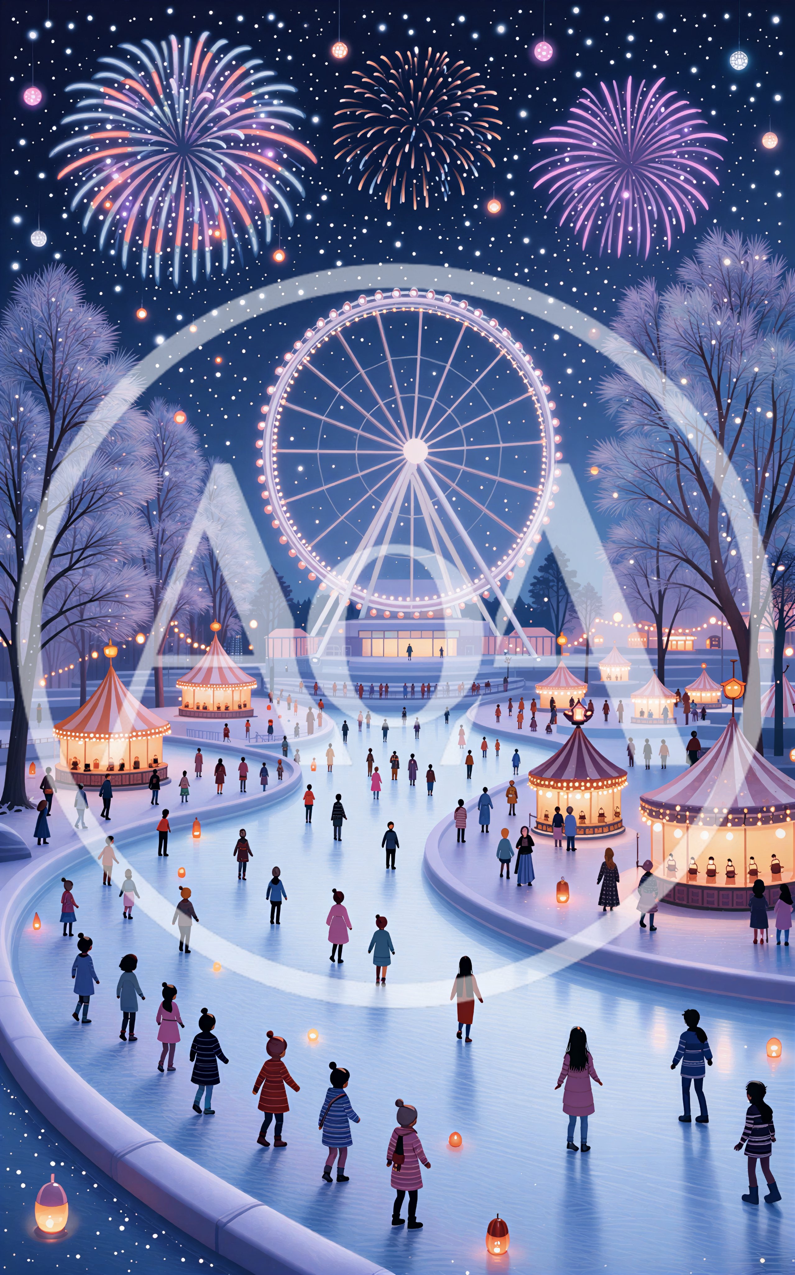 Winter Carnival Ice Skating Under Fireworks