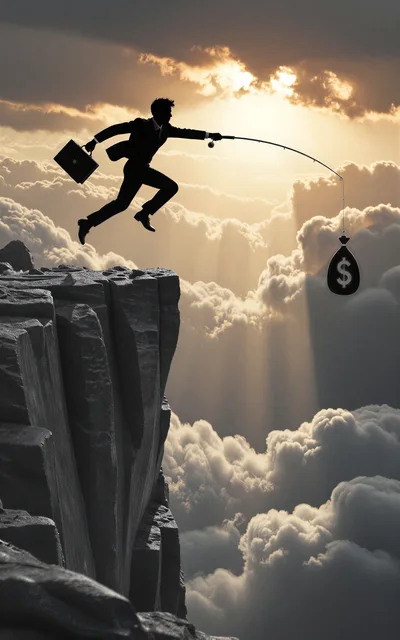 Businessman Jumping Off Cliff Chasing Money Bag