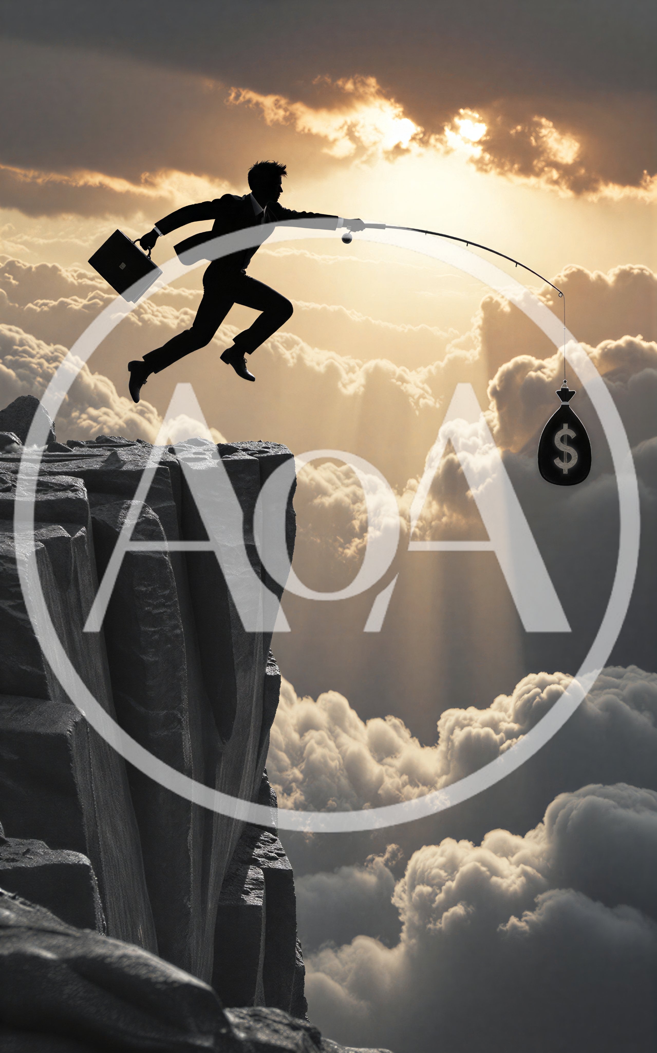Businessman Jumping Off Cliff Chasing Money Bag