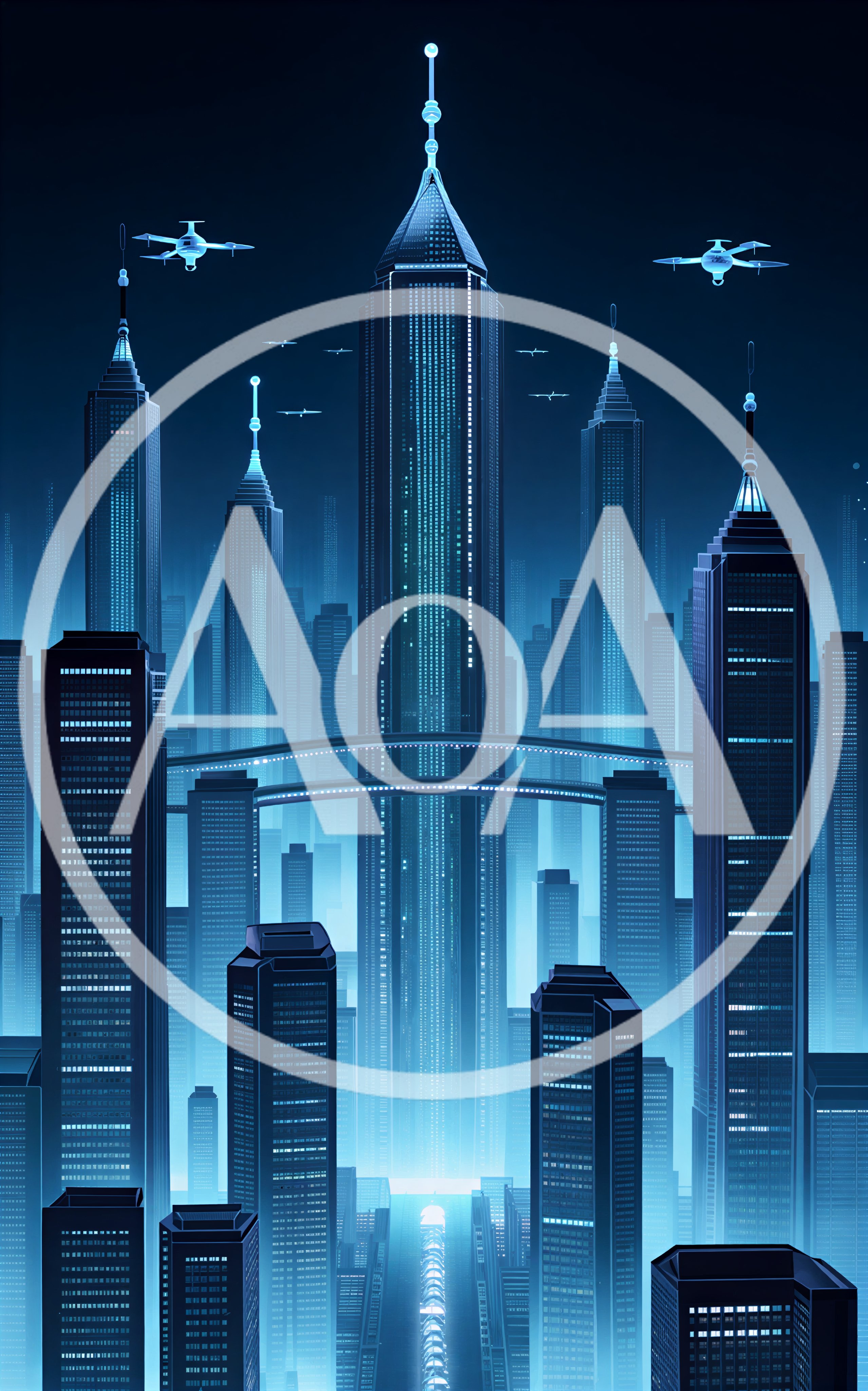 Futuristic Cityscape With Flying Drones And Skyscrapers