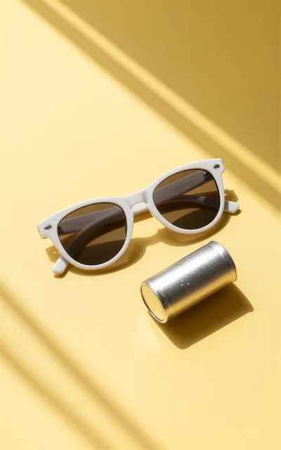 White Sunglasses And Silver Cylinder On Yellow Background