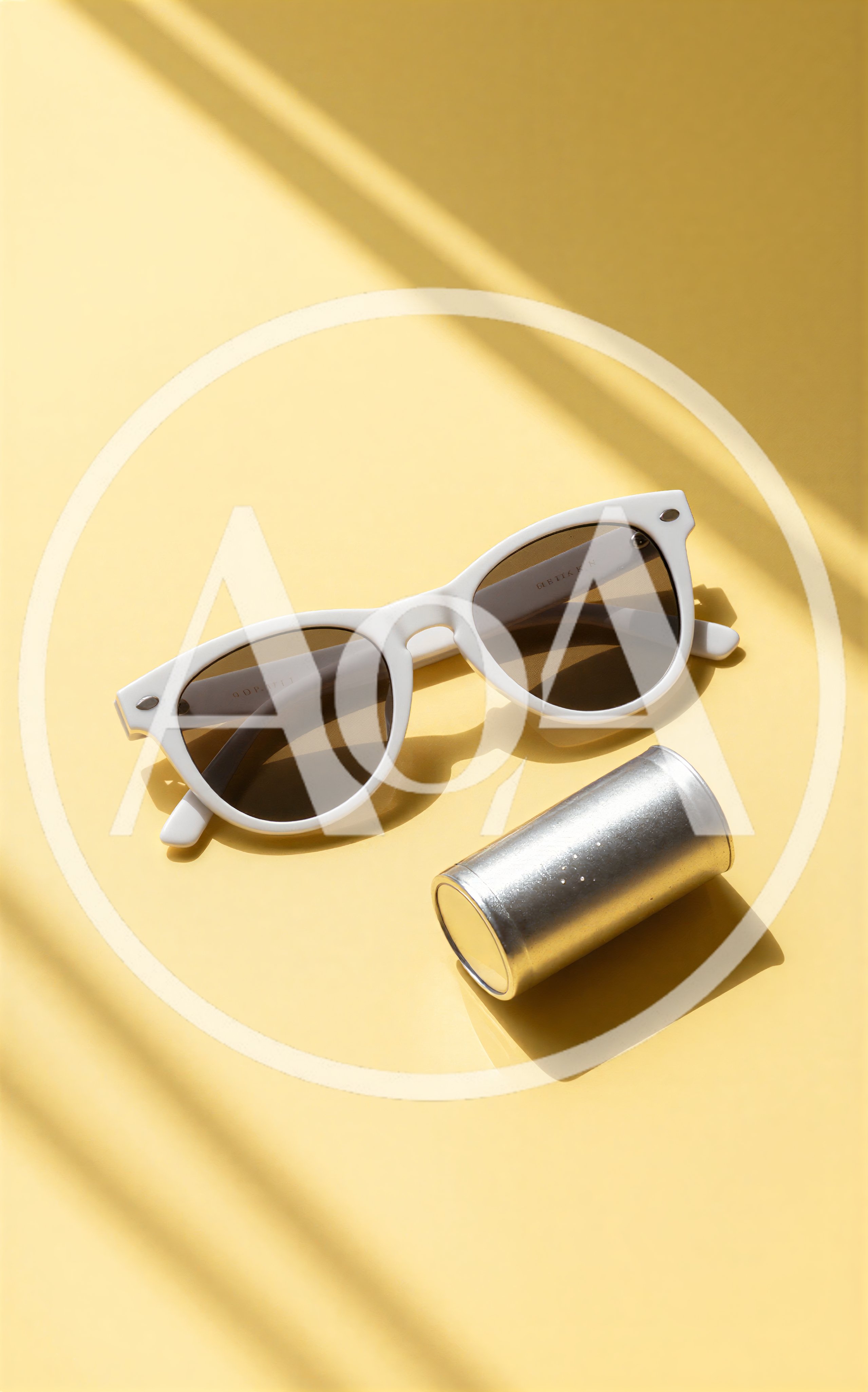 White Sunglasses And Silver Cylinder On Yellow Background