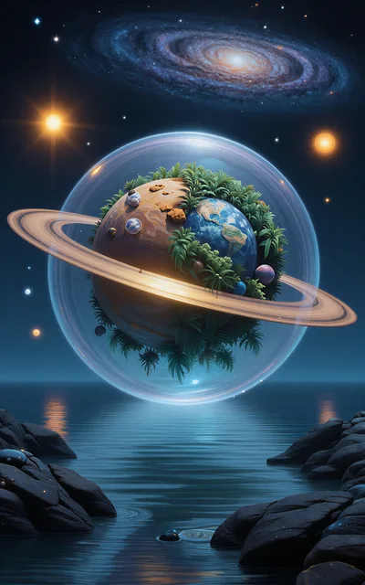 Surreal Planet Inside A Glass Sphere Above Water