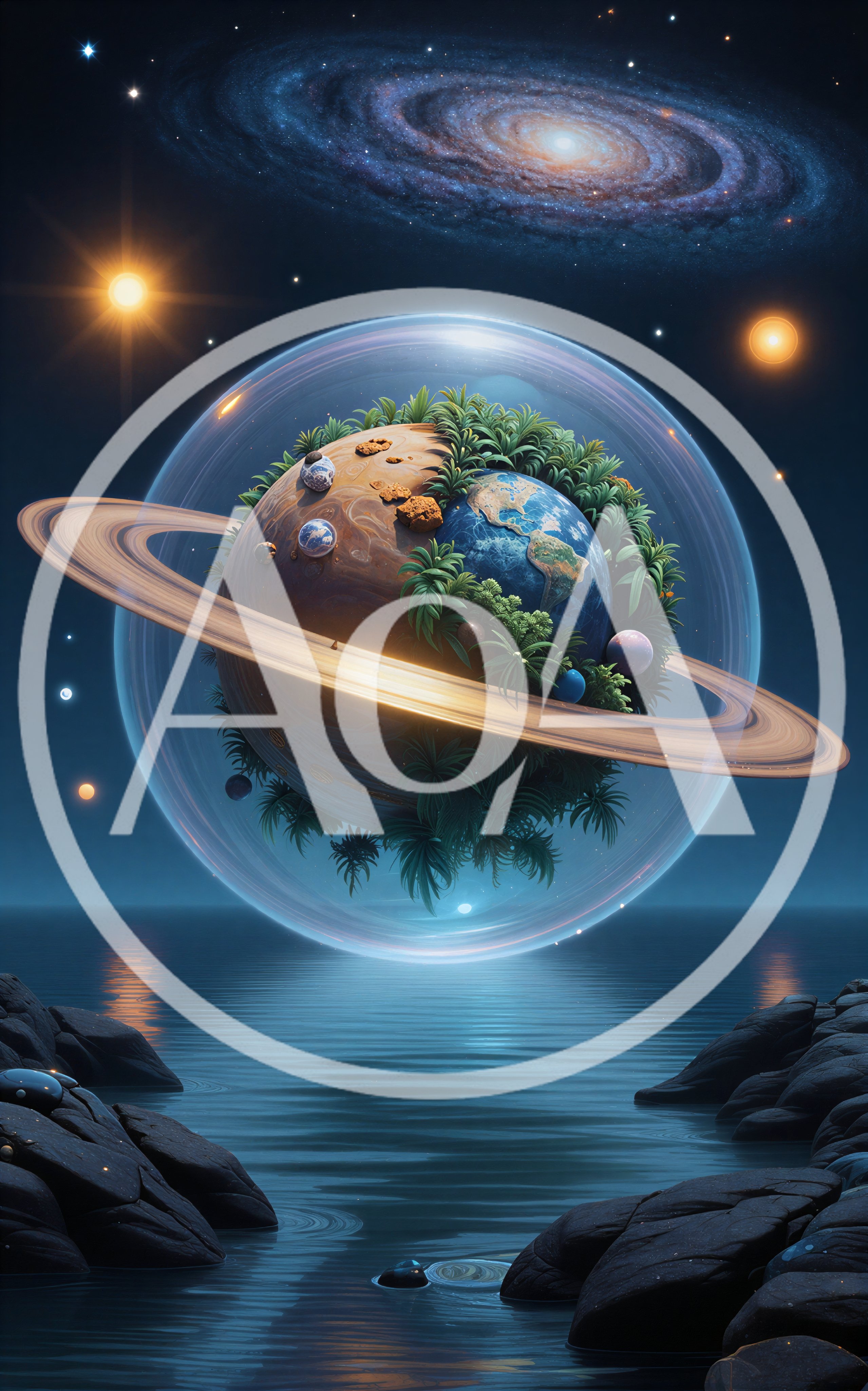 Surreal Planet Inside A Glass Sphere Above Water
