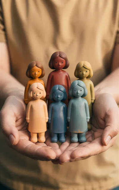 Hands Holding Six Colorful Wooden Figurines