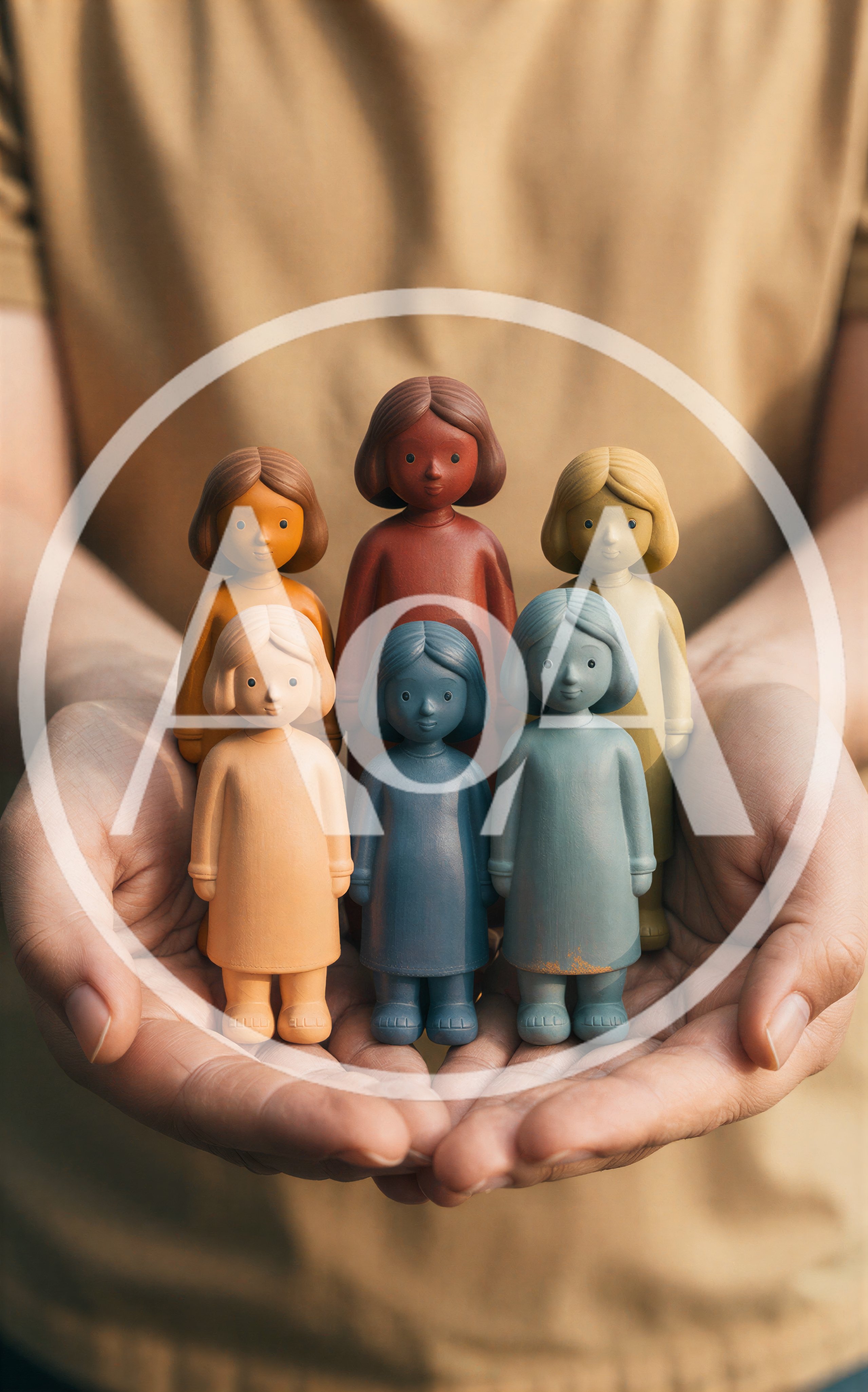 Hands Holding Six Colorful Wooden Figurines