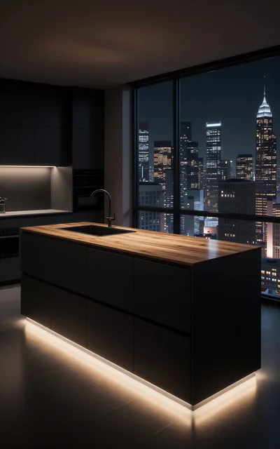 Modern Luxury Kitchen Island With City Skyline View