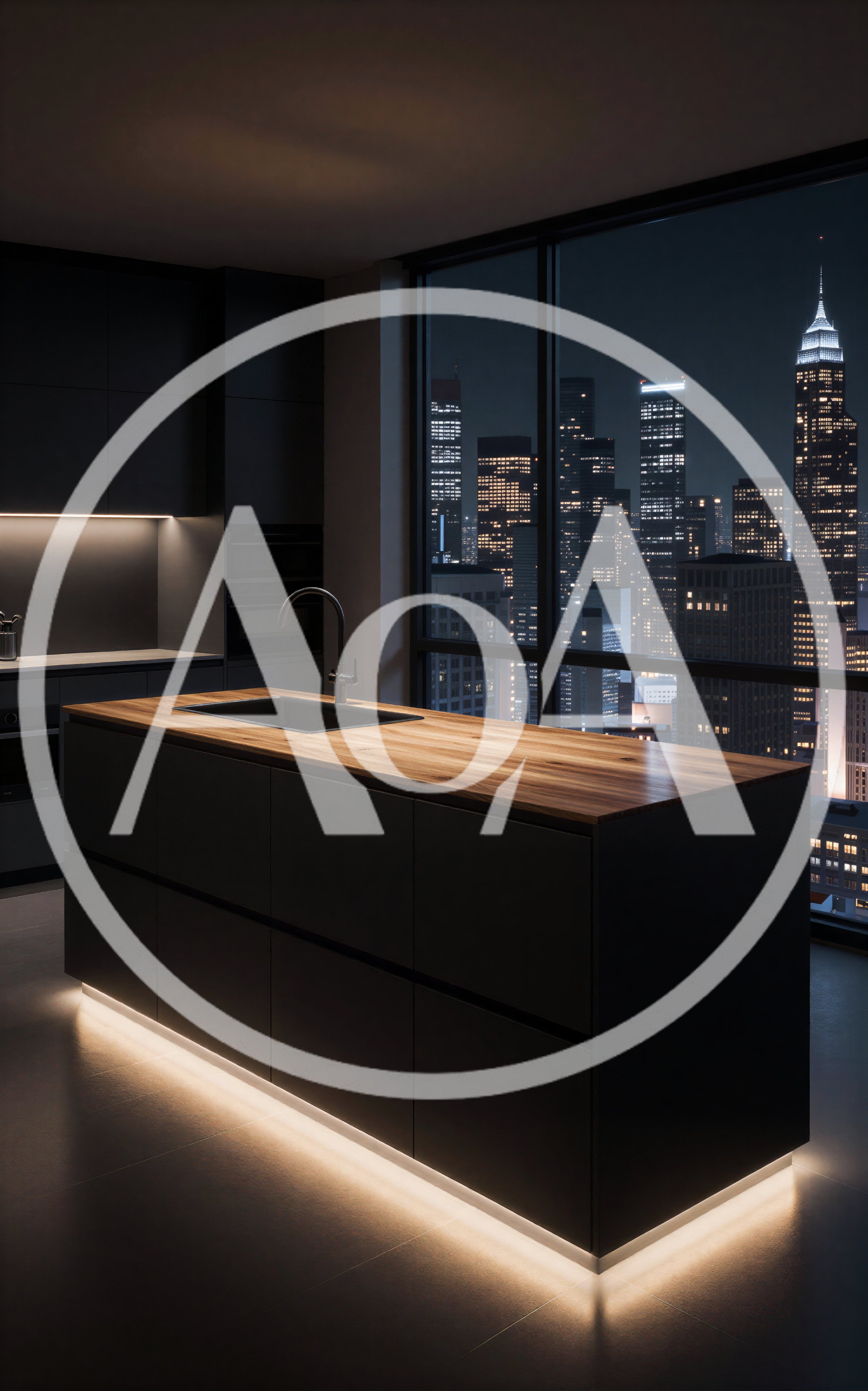 Modern Luxury Kitchen Island With City Skyline View