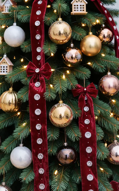 Christmas Tree Decorated With Velvet Ribbons And Ornaments