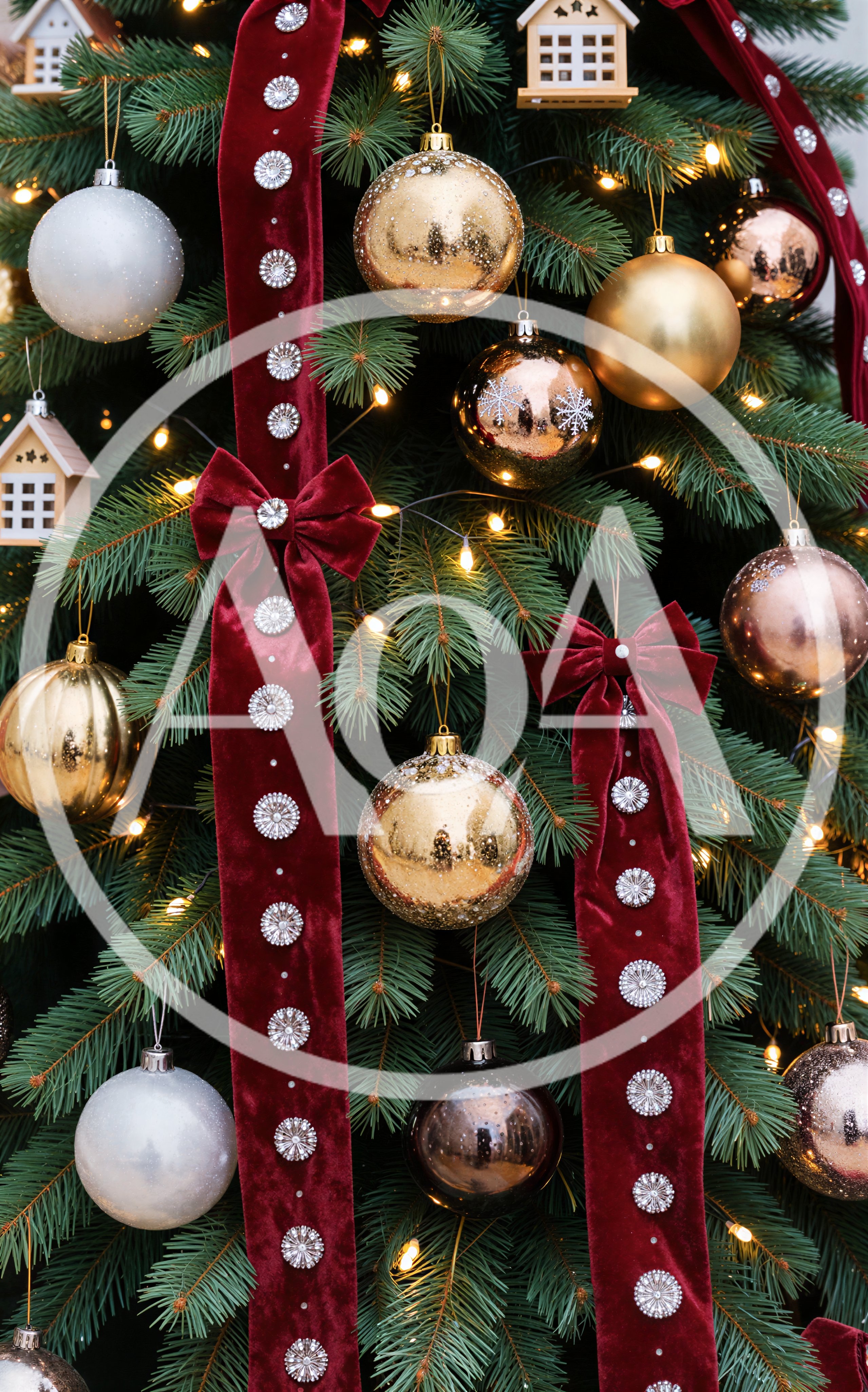 Christmas Tree Decorated With Velvet Ribbons And Ornaments
