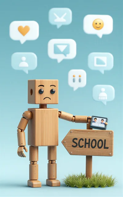 Sad Wooden Robot Holding School Sign