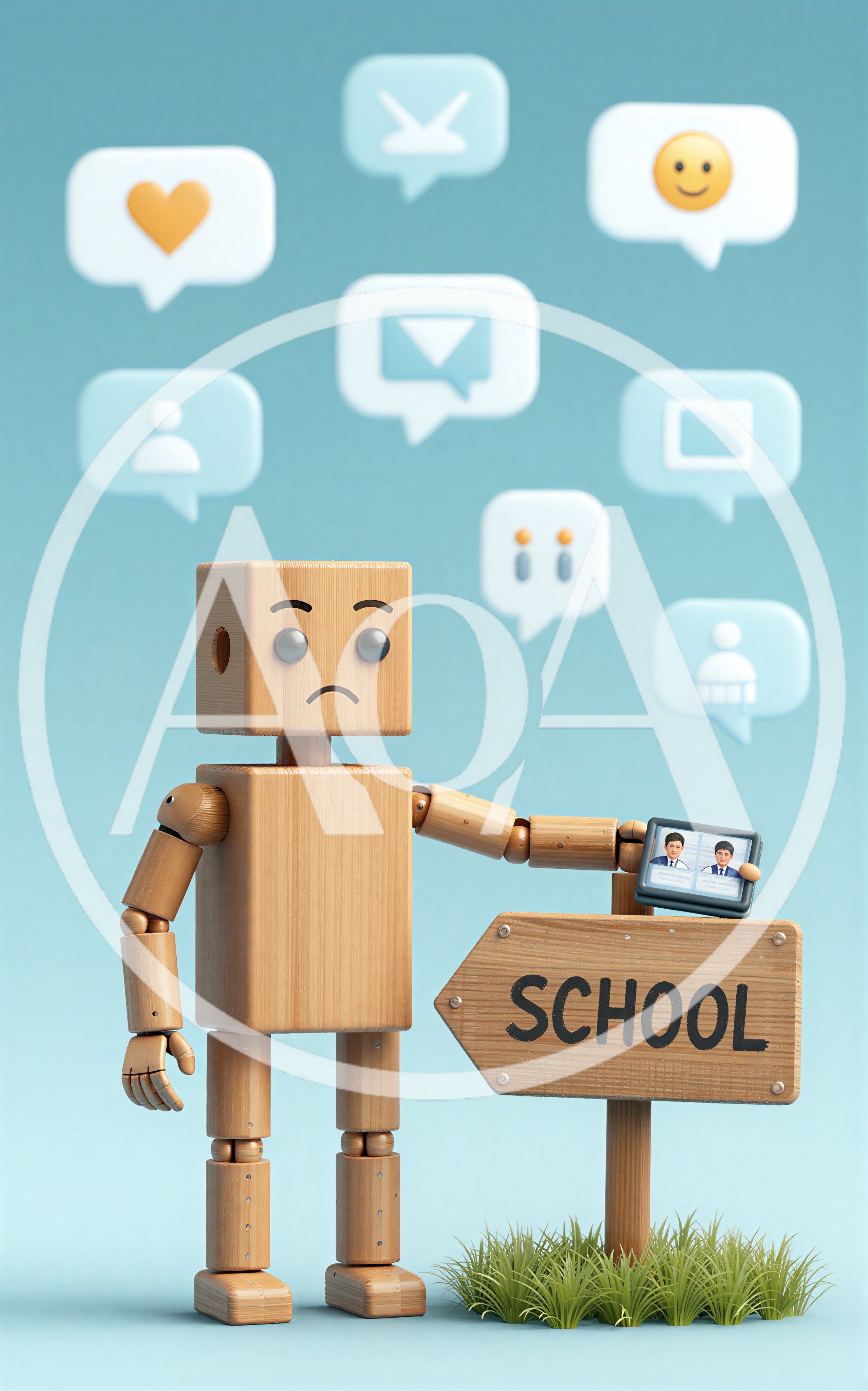 Sad Wooden Robot Holding School Sign