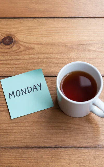 Monday Note And A Cup Of Tea On Wooden Table