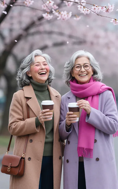 Two Happy Senior Women Drinking Coffee Under Cherry Blossoms