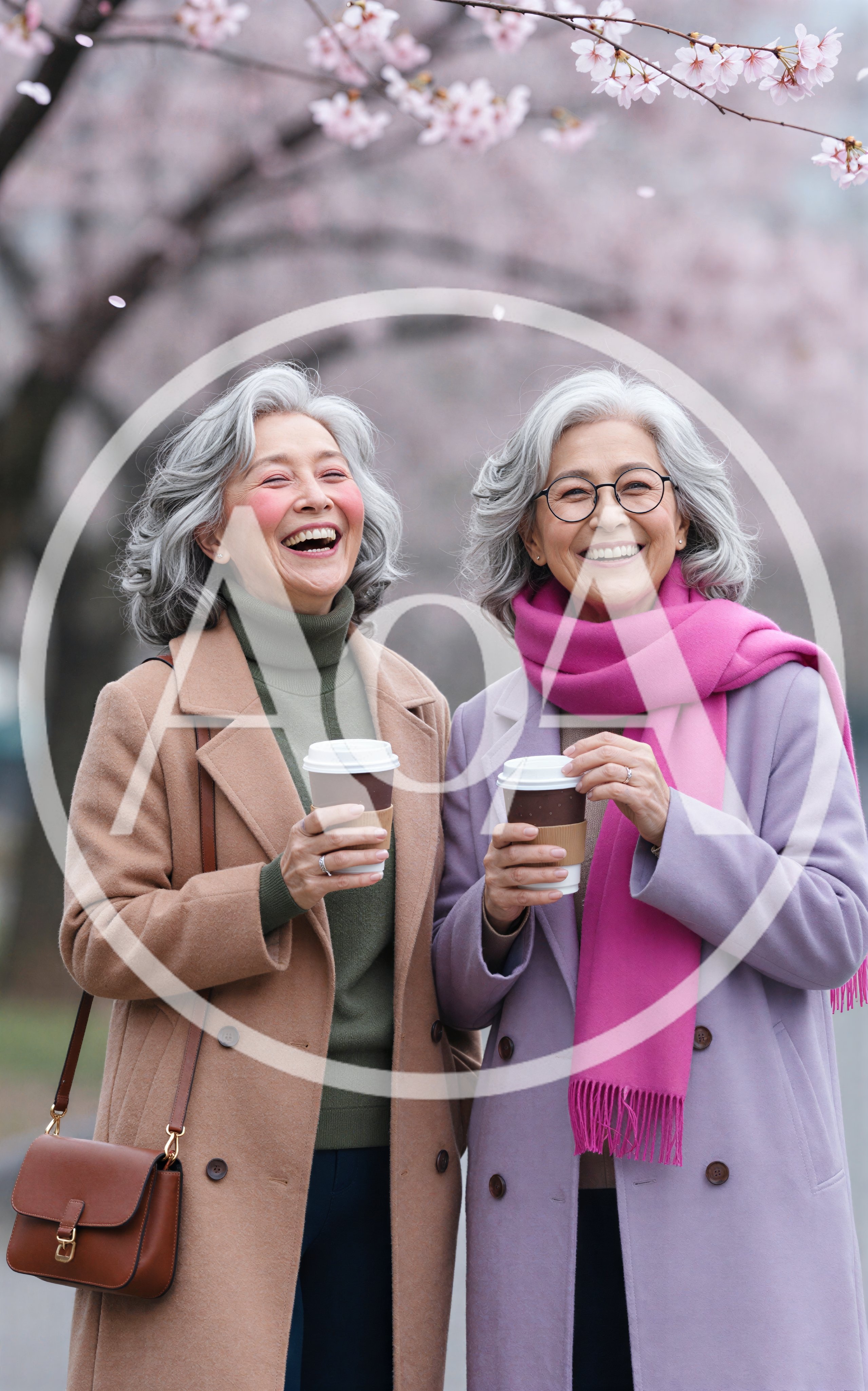 Two Happy Senior Women Drinking Coffee Under Cherry Blossoms