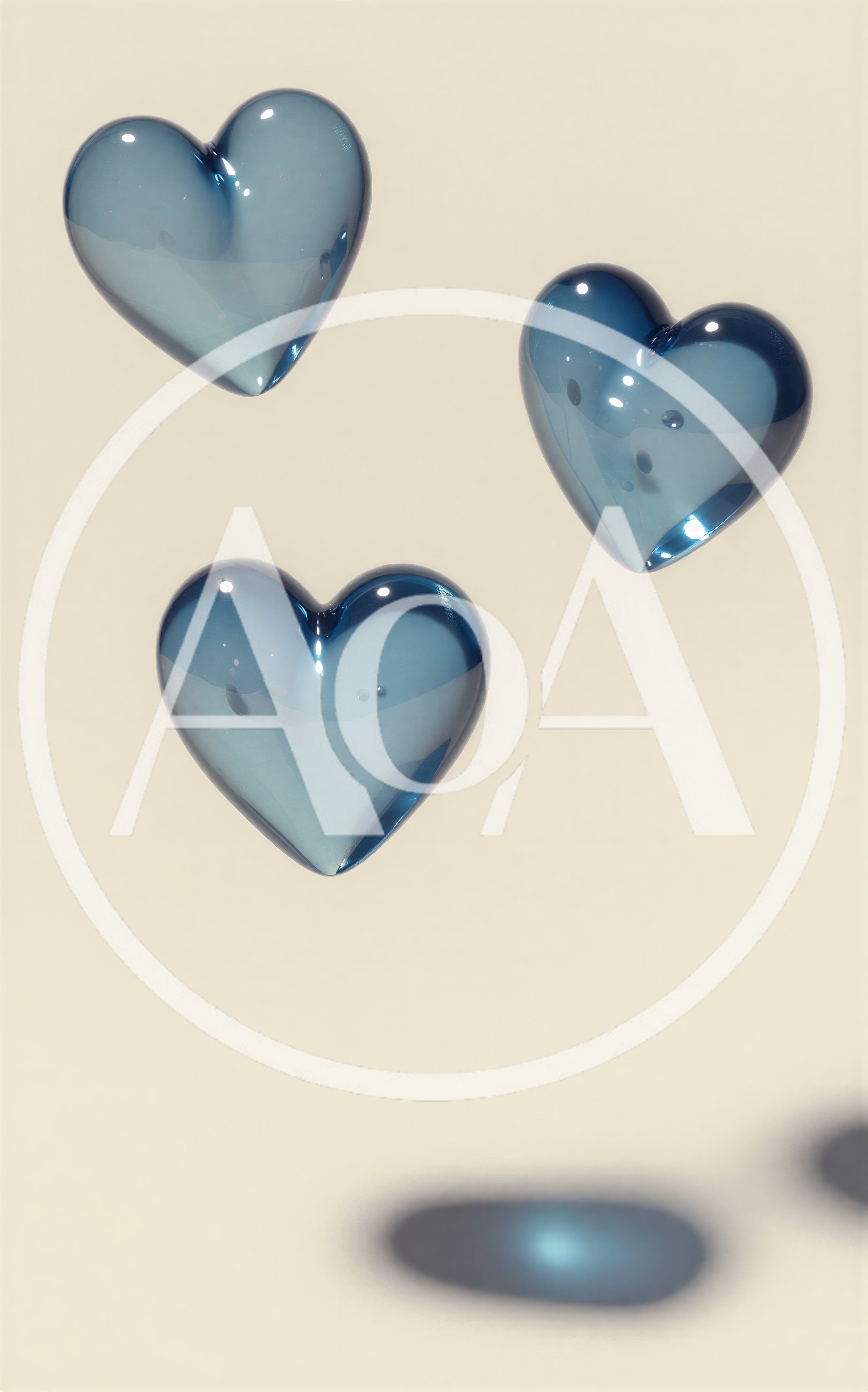 Three Floating Translucent Blue Glass Hearts