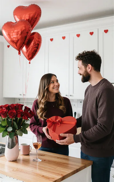 Couple Celebrating Valentines Day With Gifts In Kitchen