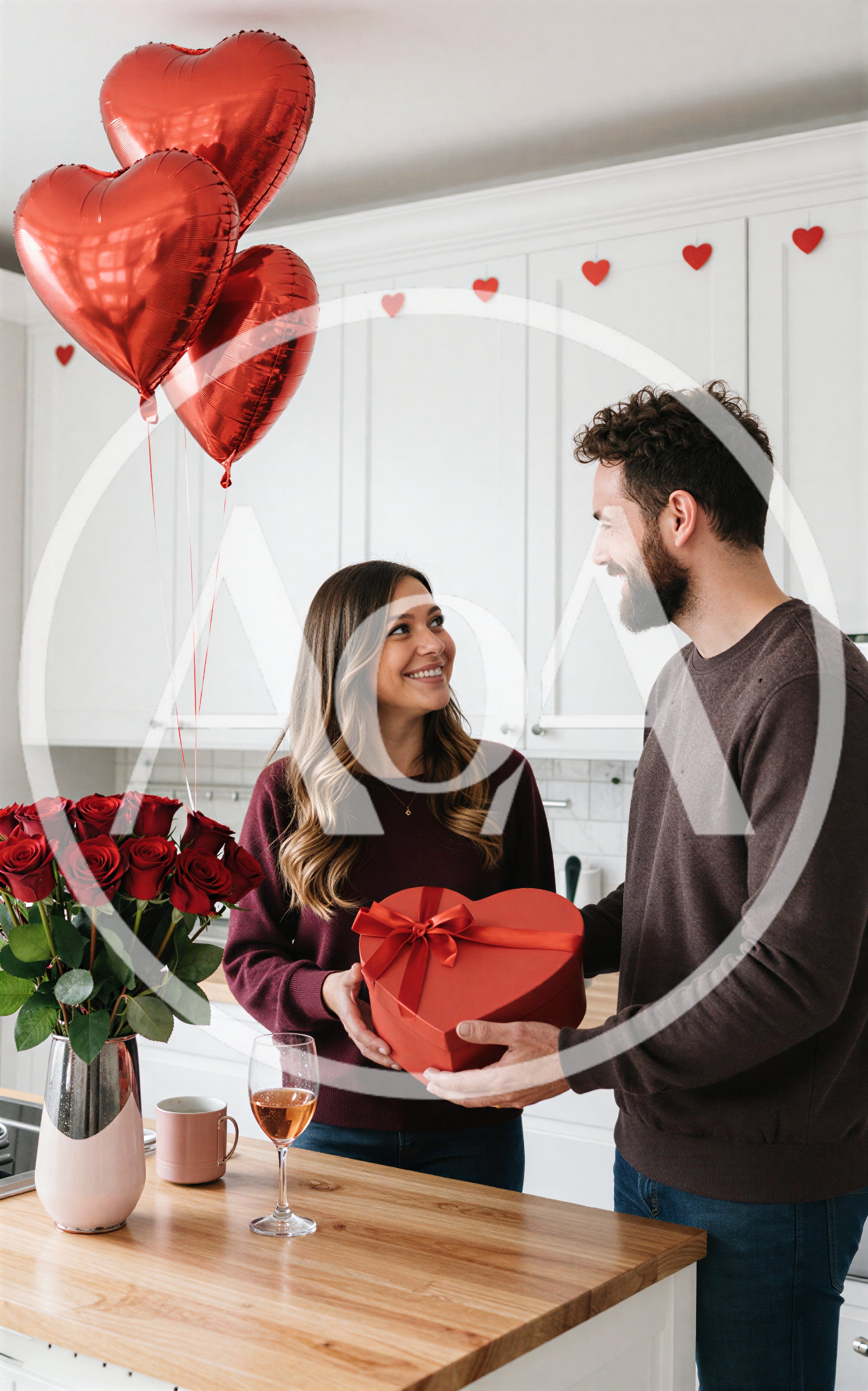 Couple Celebrating Valentines Day With Gifts In Kitchen