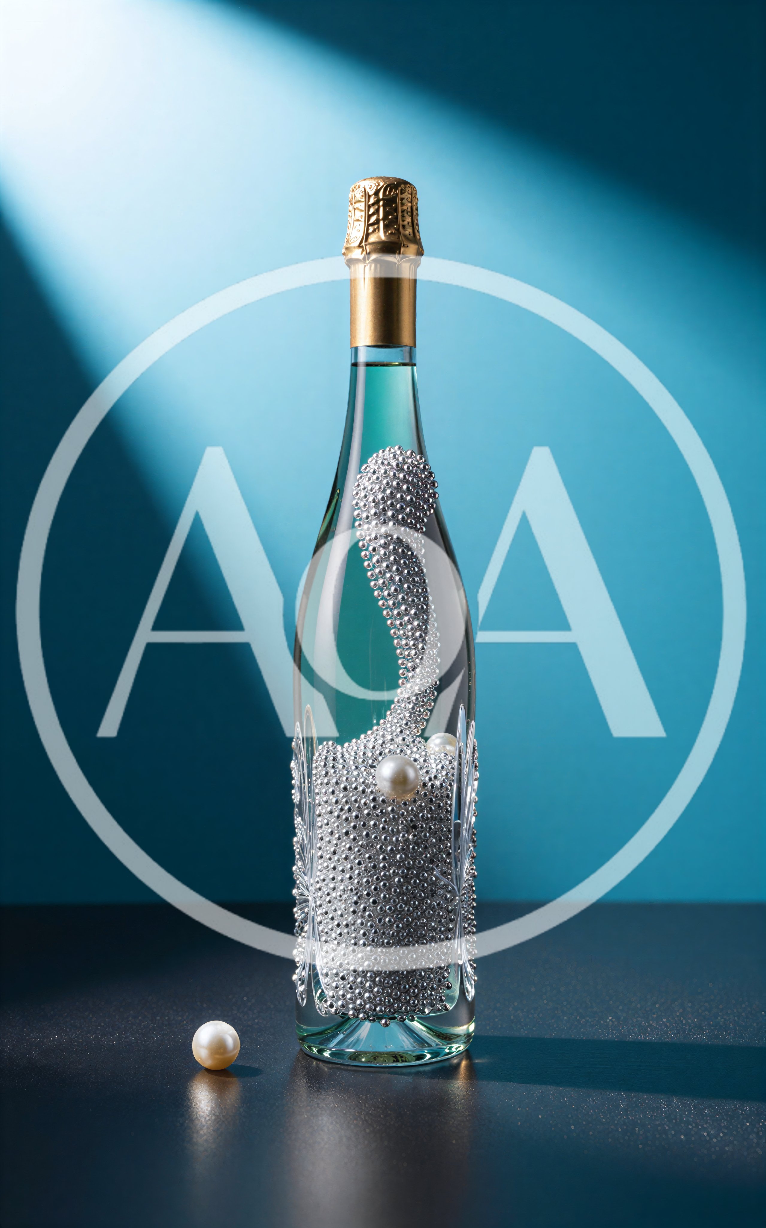 Champagne Bottle Filled With Silver Beads And Pearls