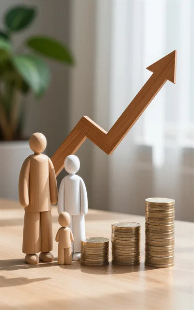 Wooden Family Figurines With Growing Coin Stacks