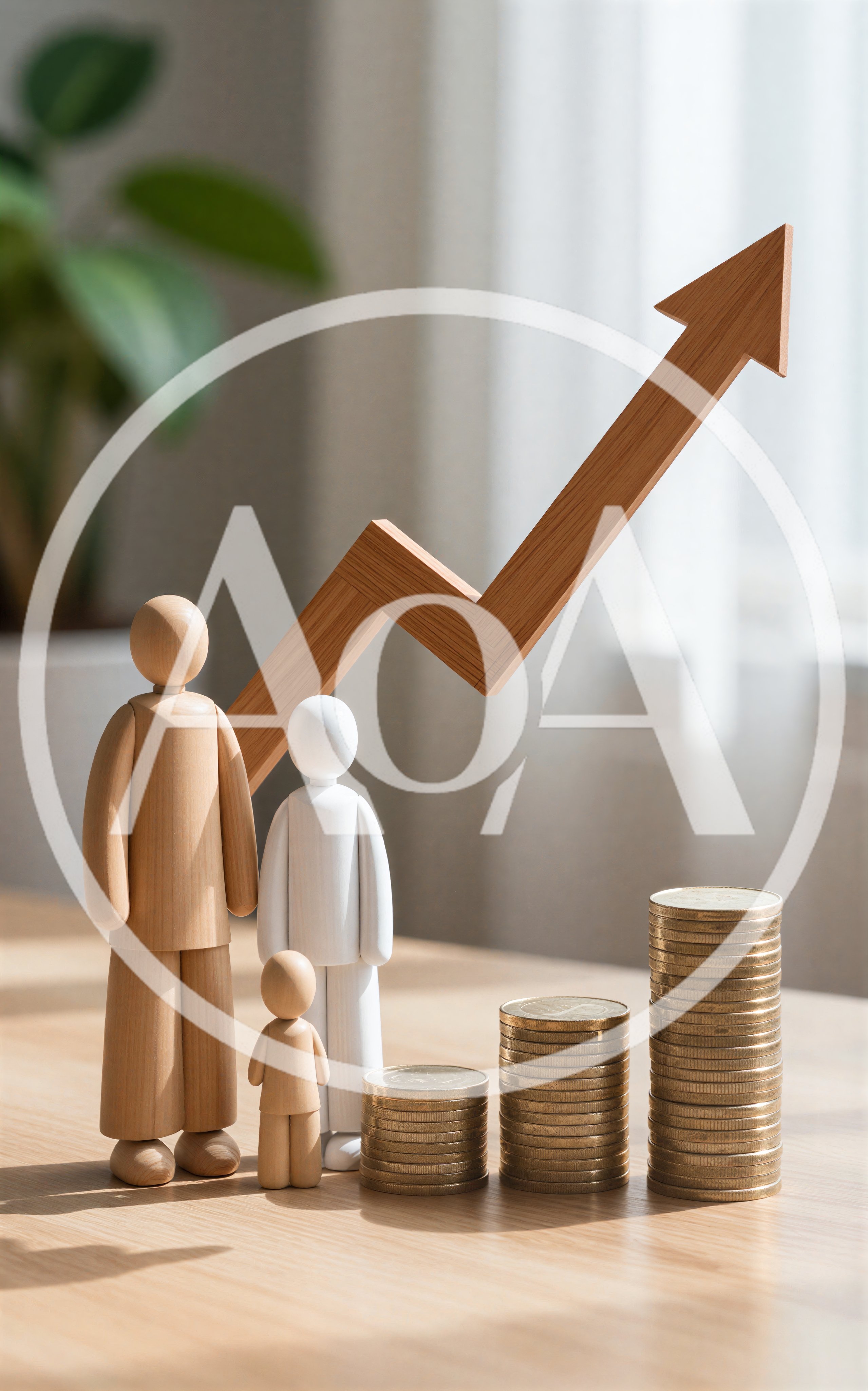 Wooden Family Figurines With Growing Coin Stacks