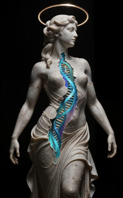 Surreal Marble Statue With Glowing DNA Helix Core