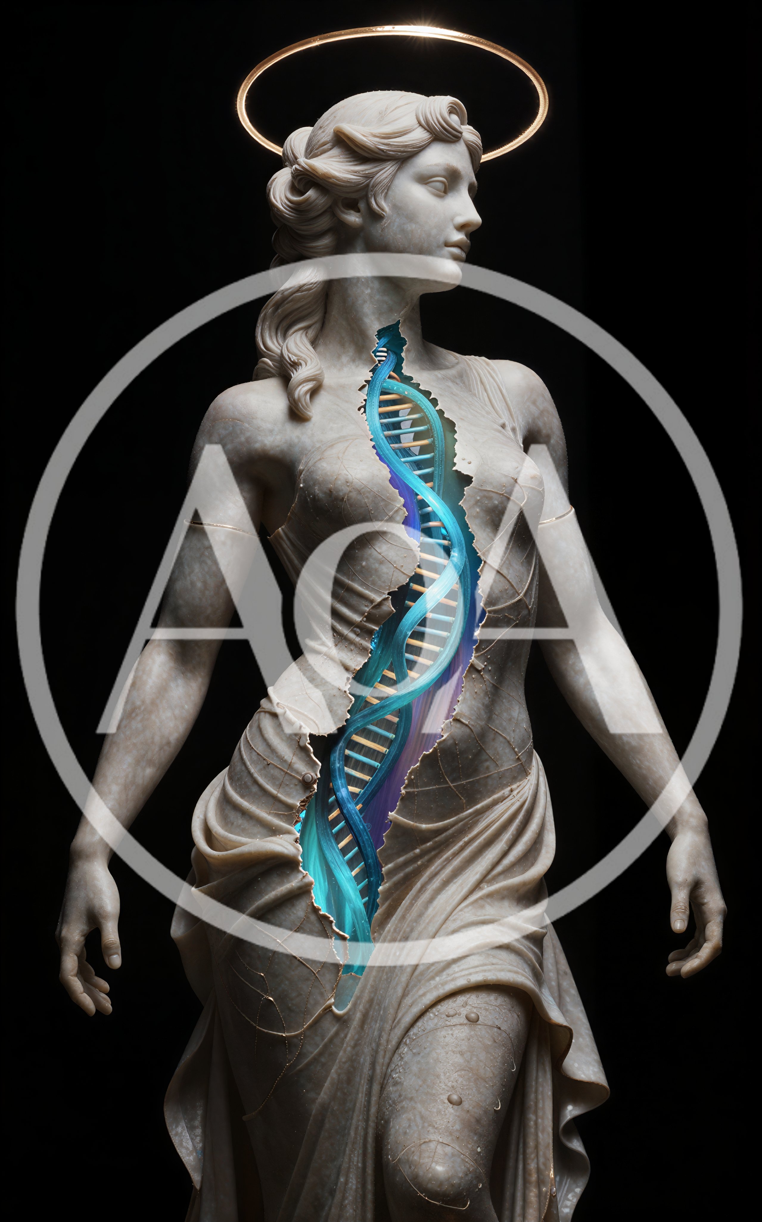 Surreal Marble Statue With Glowing DNA Helix Core