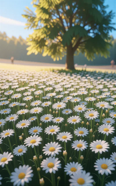 Field Of Blooming White Daisies Under A Tree