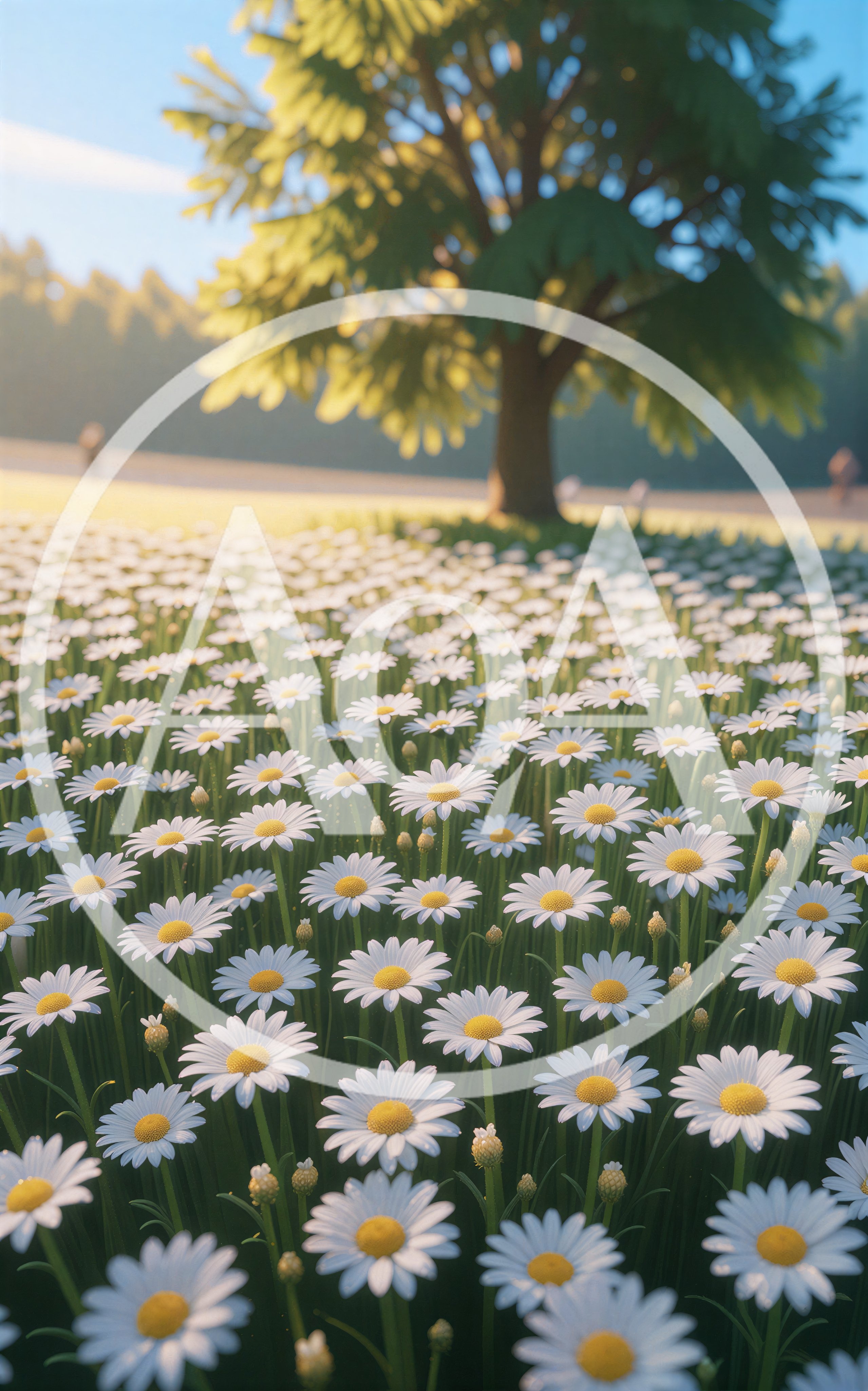 Field Of Blooming White Daisies Under A Tree
