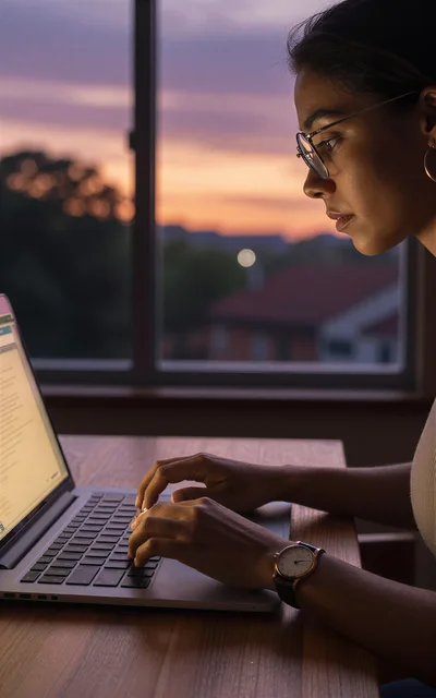 Young Woman Working On Laptop At Sunset