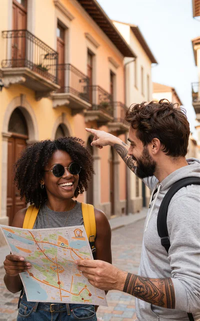 Young Couple Exploring City Streets With A Map