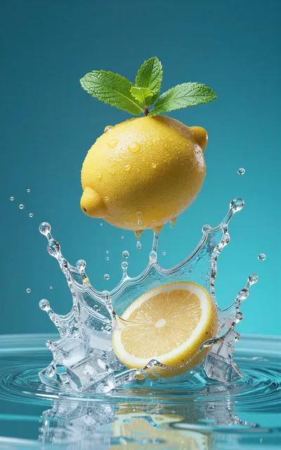 Fresh Lemon With Mint Leaves Splashing In Water