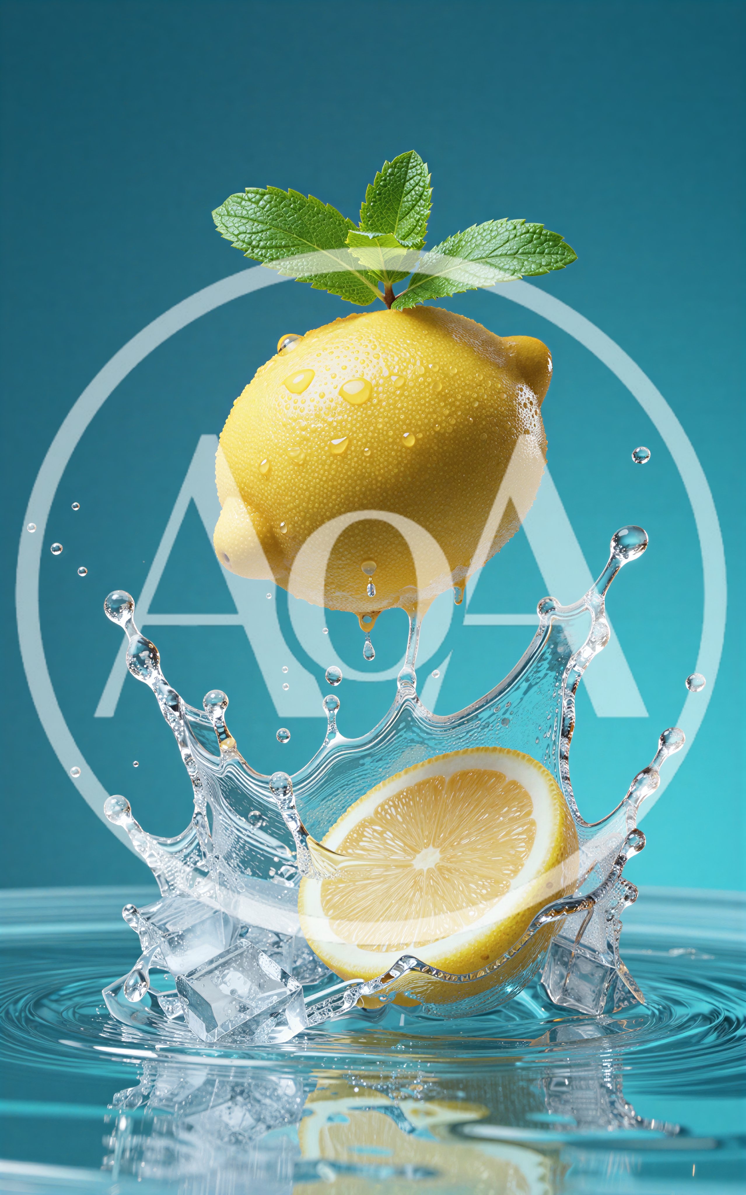 Fresh Lemon With Mint Leaves Splashing In Water